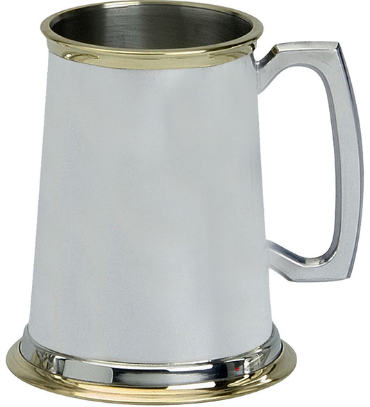 Pewter Tankard Handmade Brass Rimmed Plain Polished 1pt Engraving Glass Base