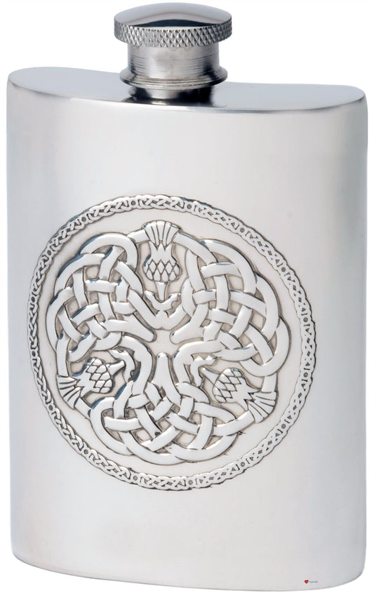 4oz Hip Flask With Celtic Thistle Embossed Design Made From High Quality Pewter