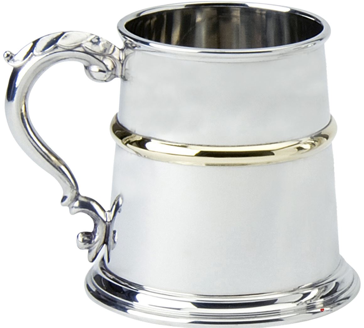 Pewter Tankard Traditional English Shape Brass Band Wide Base 1pt Engravable