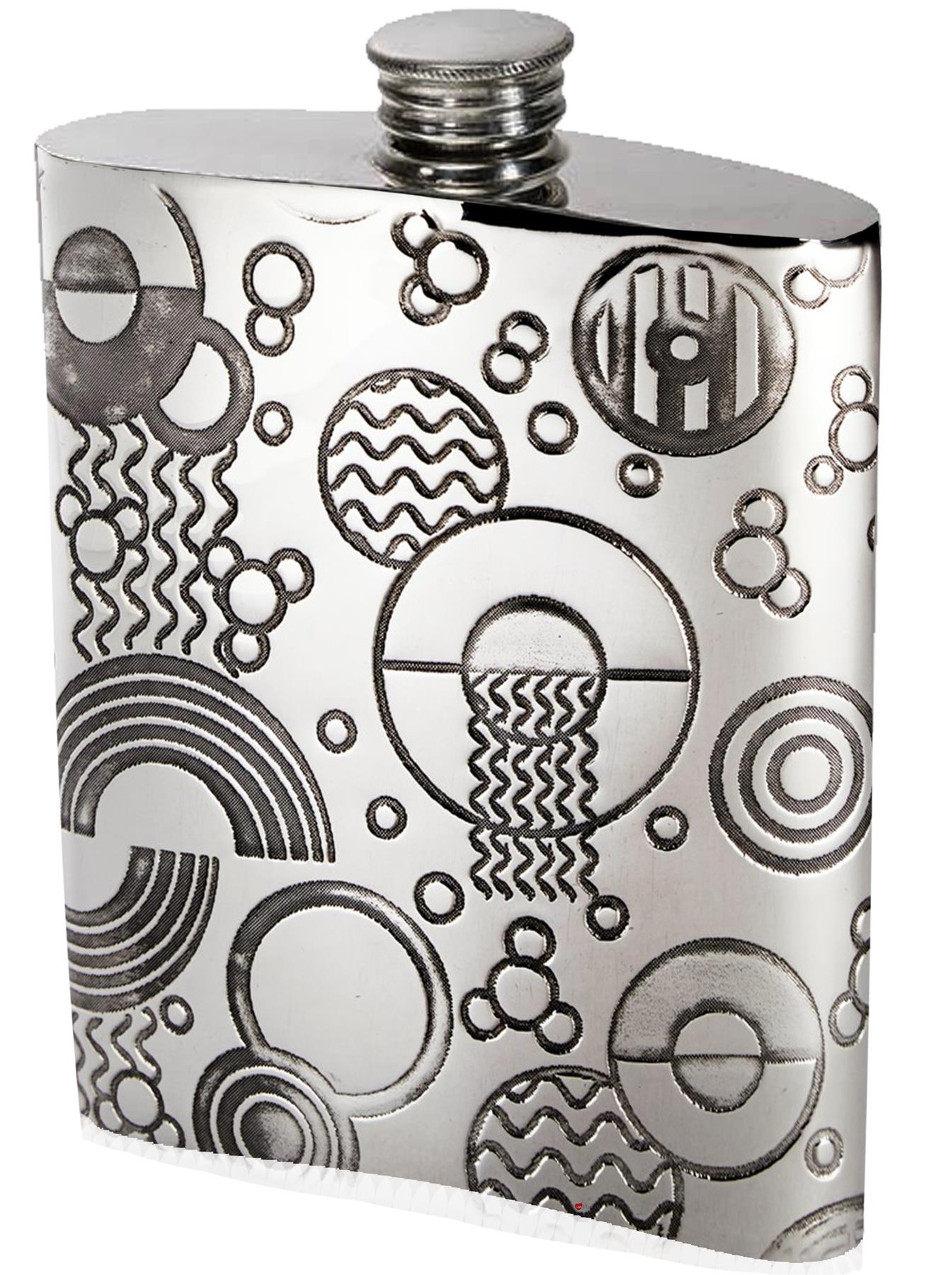 6oz Pewter Hip Flask Retro Design Embossed Bright Polished Finish Screw Top