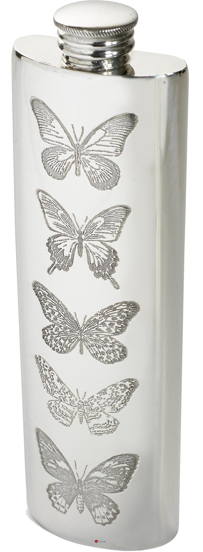 3oz Slim Pewter Flask in Butterfly Design Polished Screw Perfect for Engraving