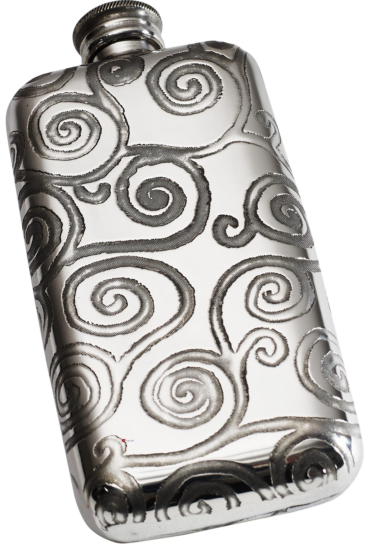 3oz Pocket Hip Flask in Pewter Embossed with Tree of Life Pattern Polished Screw