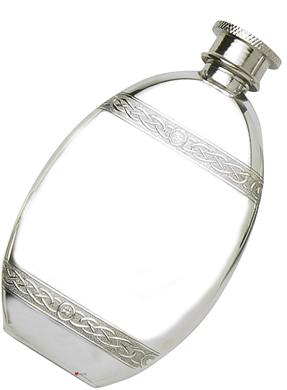 Hip Flask 2oz Pewter Oval Shape with Celtic Band Screw Top Polished Engravable