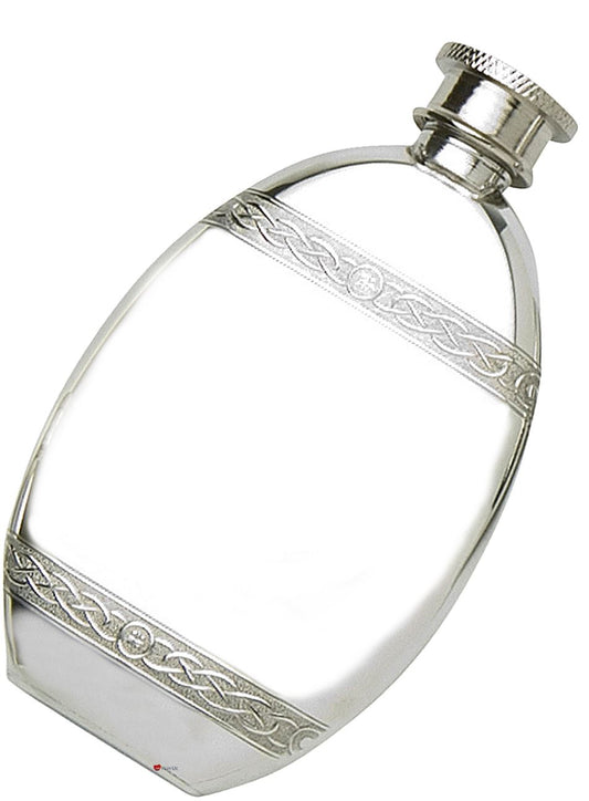 Hip Flask 2oz Pewter Oval Shape with Celtic Band Screw Top Polished Engravable