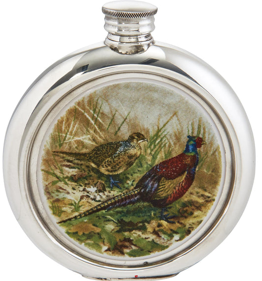 Round 6oz Pewter Flask with Unique Colour Picture Pheasant Bright Polished Screw