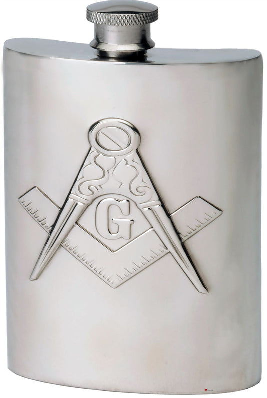 Embossed Masonic Hip Flask 6oz Wedding Gift Kidney Pewter Engravable Screw Top