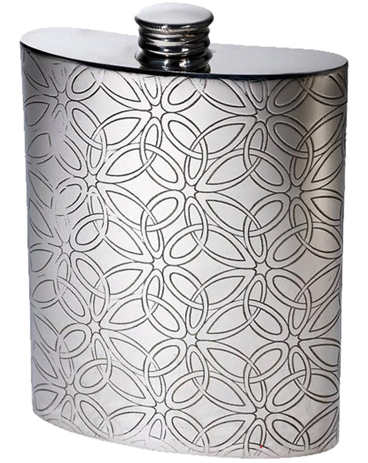 6oz Pewter Hip Flask Triquetra Pattern Bright Polished Finish Screw Top