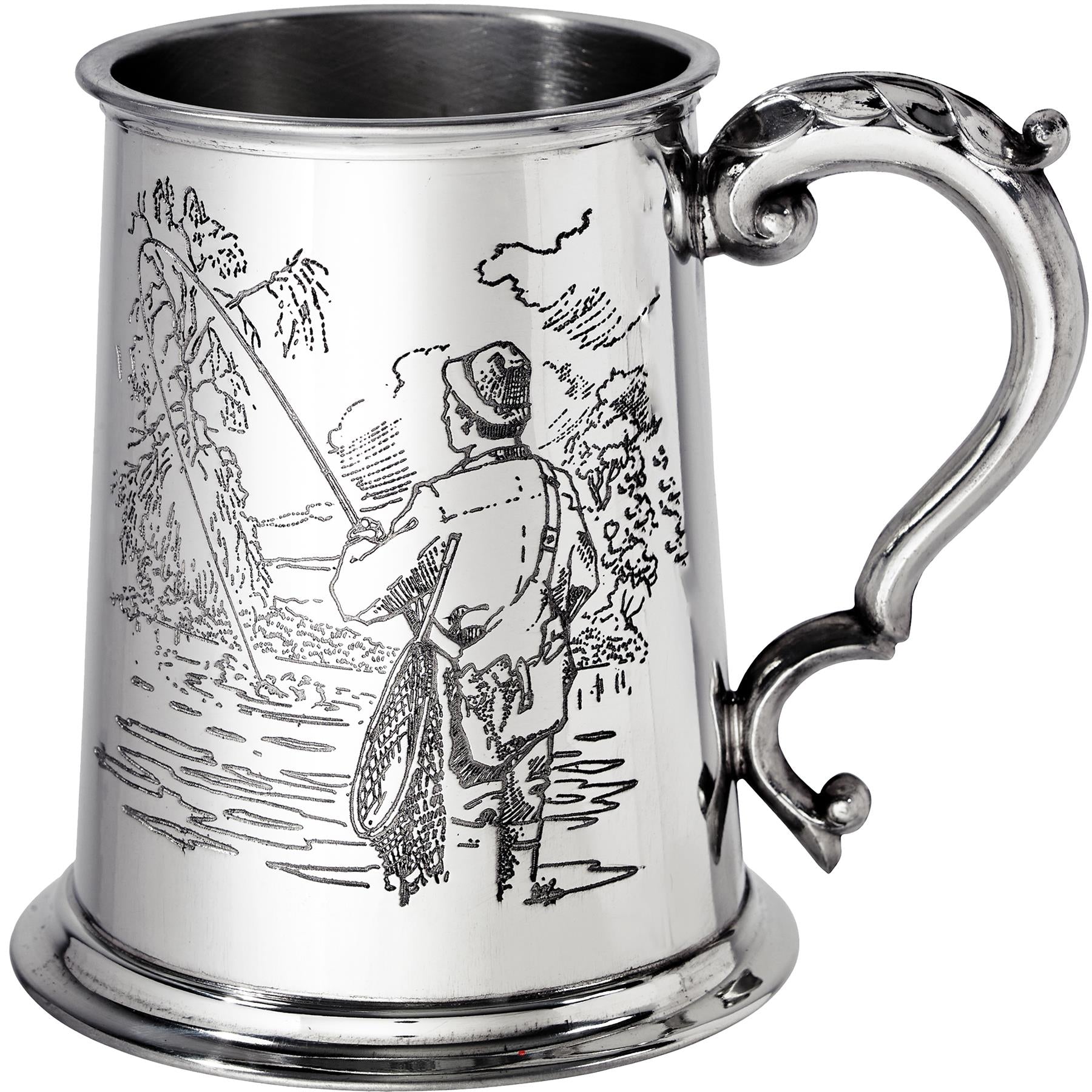 Pewter Tankard 1 Pint Fishing Scenes on Both Sides and Antique Handle