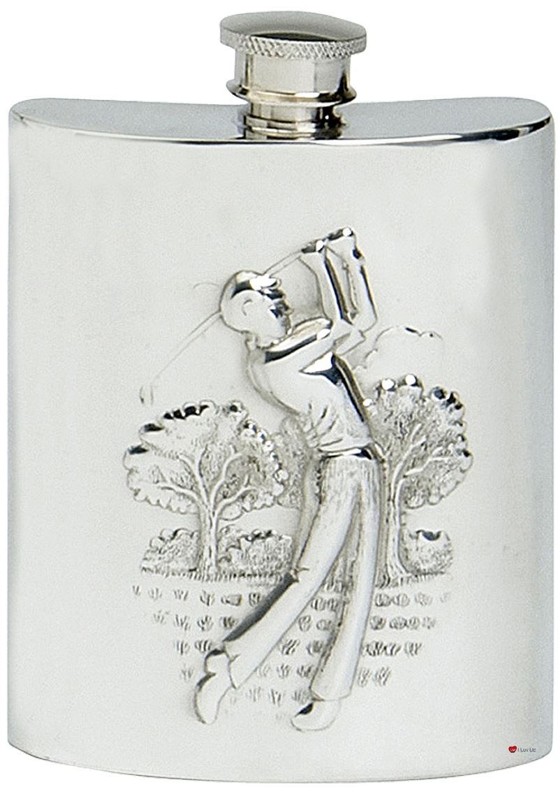 Classic Golfing Hip Flask 6oz Kidney Shape Pewter Ideal Gift Engravable