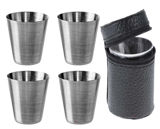 Four Drinking Travel Cups Set With Leather Case Ideal With Flask