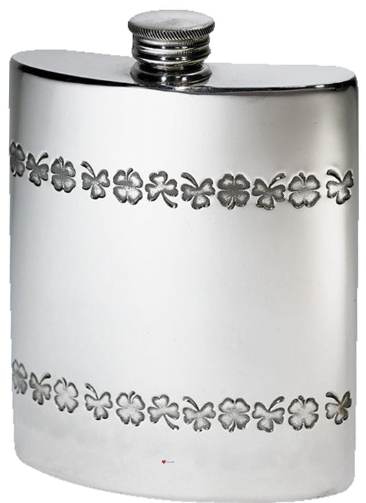 6oz Hip Flask Pewter with Shamrock Bands Polished Finish Screw Top