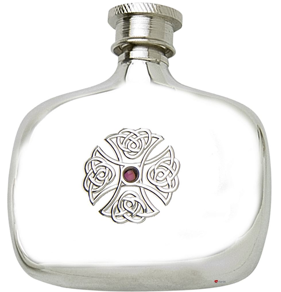 Hip Flask Devon Shape Celtic Cross Amethyst Stone Setting Liquor Flask 4oz