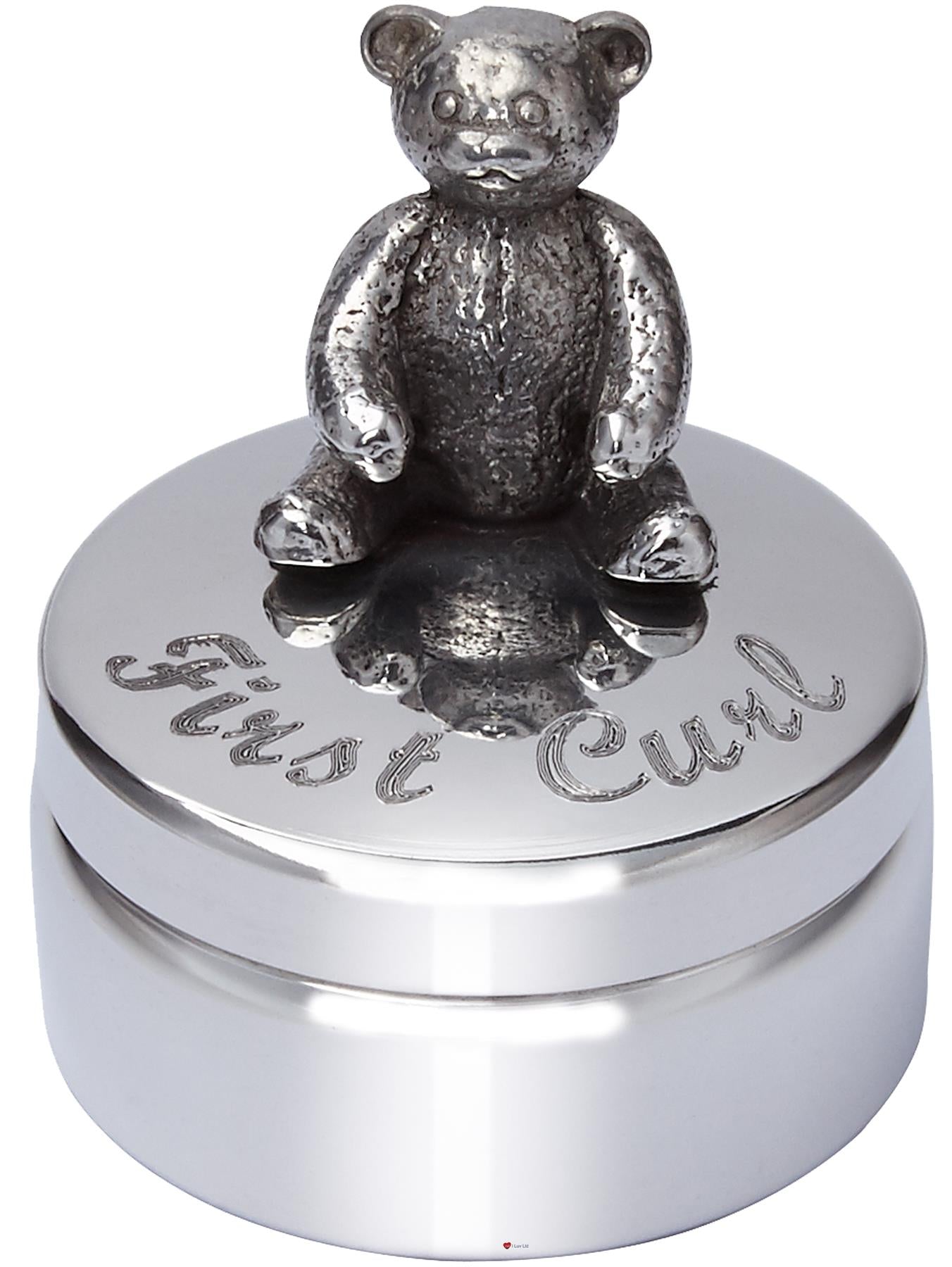 Child's First Curl Pewter Trinket Box Teddy Bear on Top Perfect for Engraving