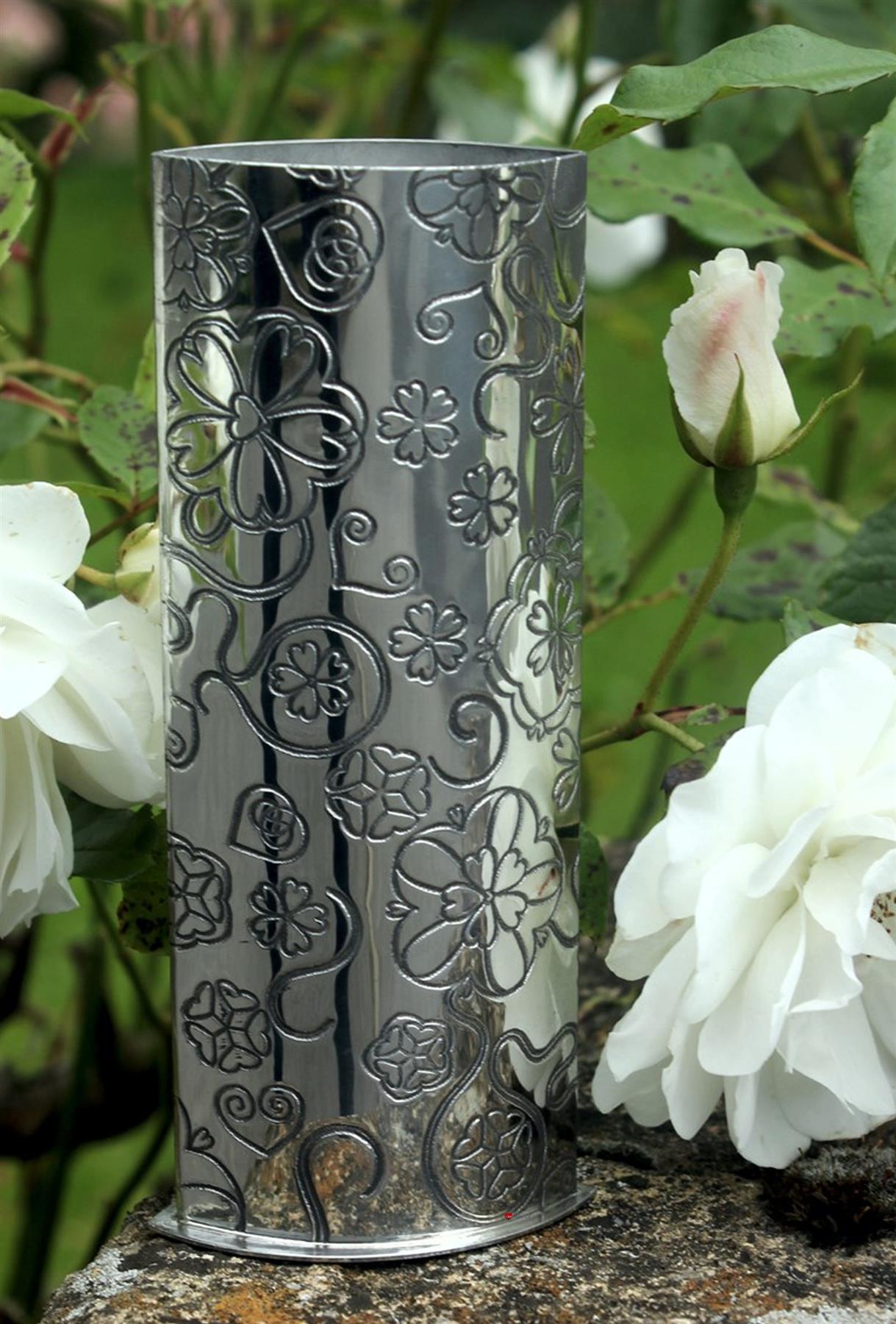 Tall 6.3 inch Pewter Bud Vase with Yorkshire Rose Pattern Bright Polished Finish