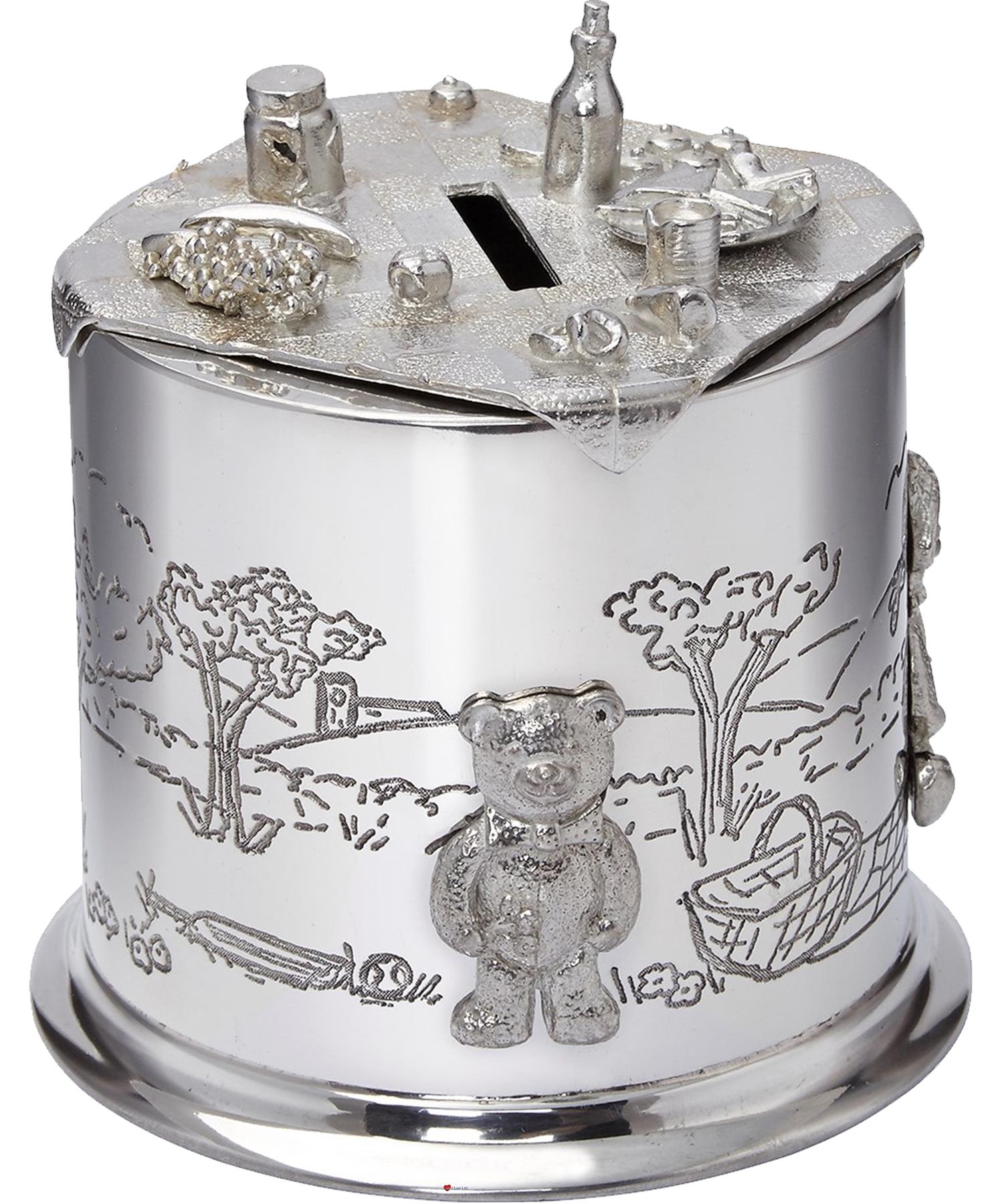 Child's Pewter Money Box Teddy Bears Picnic Embossed Around the Body