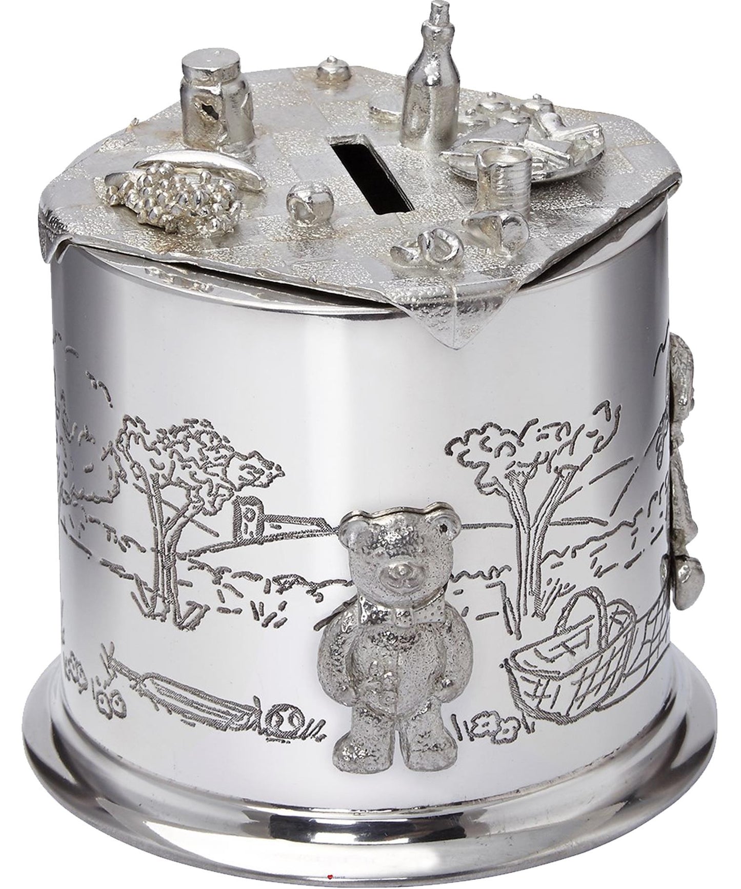 Child's Pewter Money Box Teddy Bears Picnic Embossed Around the Body