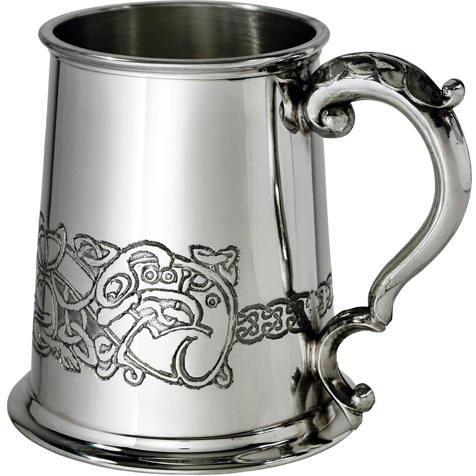 1 Pint Pewter Tankard with Celtic Dragon Design Scroll Handle