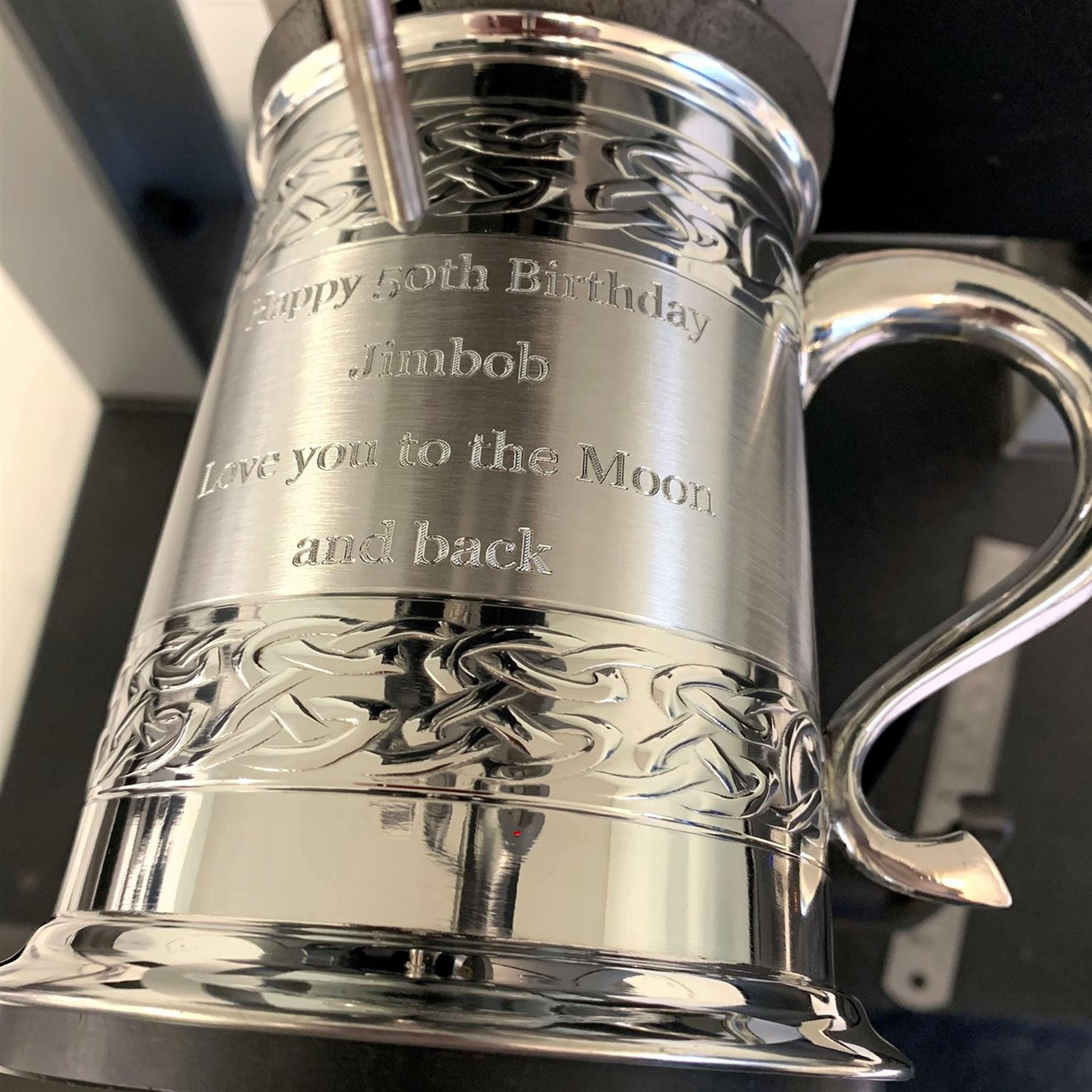 1 Pint Pewter Tankard With Satin Band and Celtic Band Design