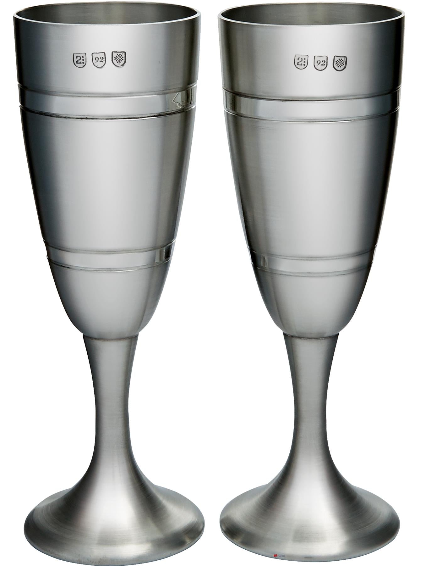 Pair of Celebration Champagne Flutes Wedding Part Finish Band in Center Pewter