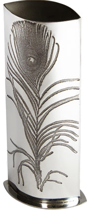 Tall 6.3 inch Pewter Bud Vase for Flowers Featuring Peacock Feather Design