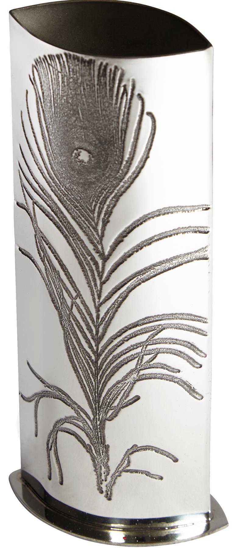 Tall 6.3 inch Pewter Bud Vase for Flowers Featuring Peacock Feather Design