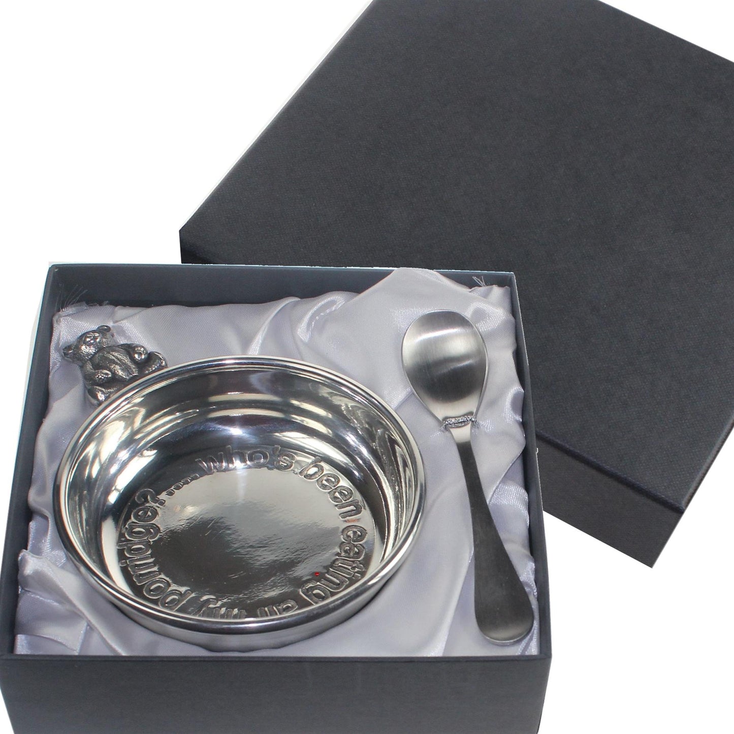 Child's Porridge Bowl and Spoon Pewter with Teddy Handle Perfect for Engraving