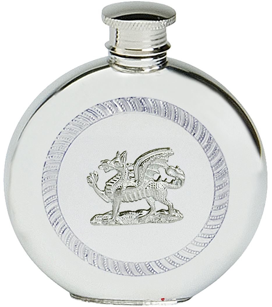 Pewter Hip Flask Welsh Dragon Round Flask 6oz Screw Top CYMRU Y Ddraid Goch