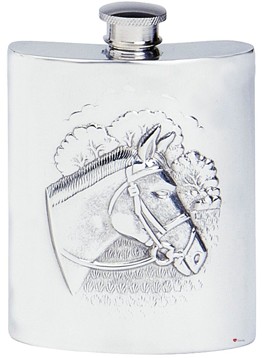 4oz Hip Flask with Embosesed Equestrian Design Engravable Made From Pewter