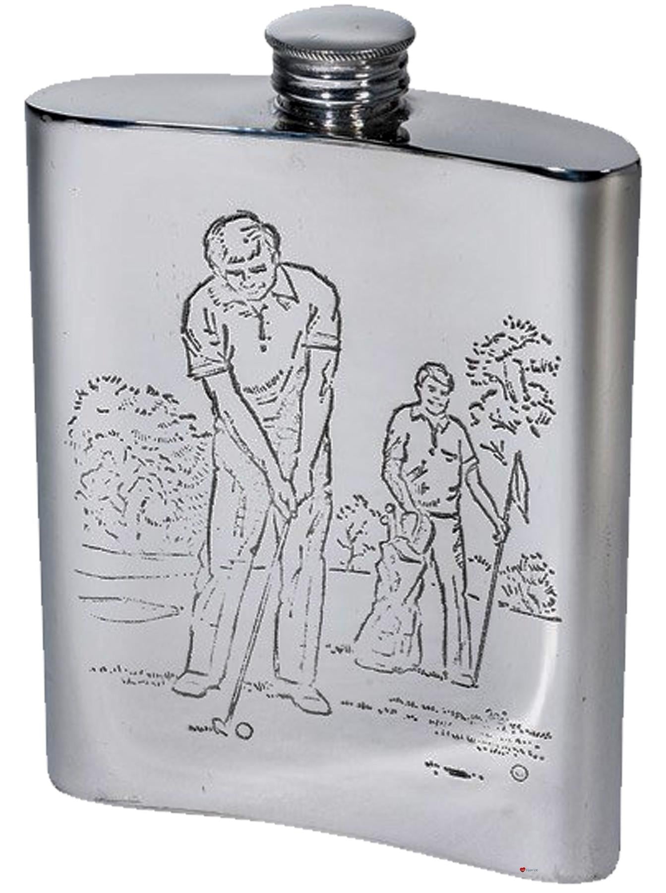 Kidney Shaped Flask 6oz Pewter with Golf Scenes on Both Sides