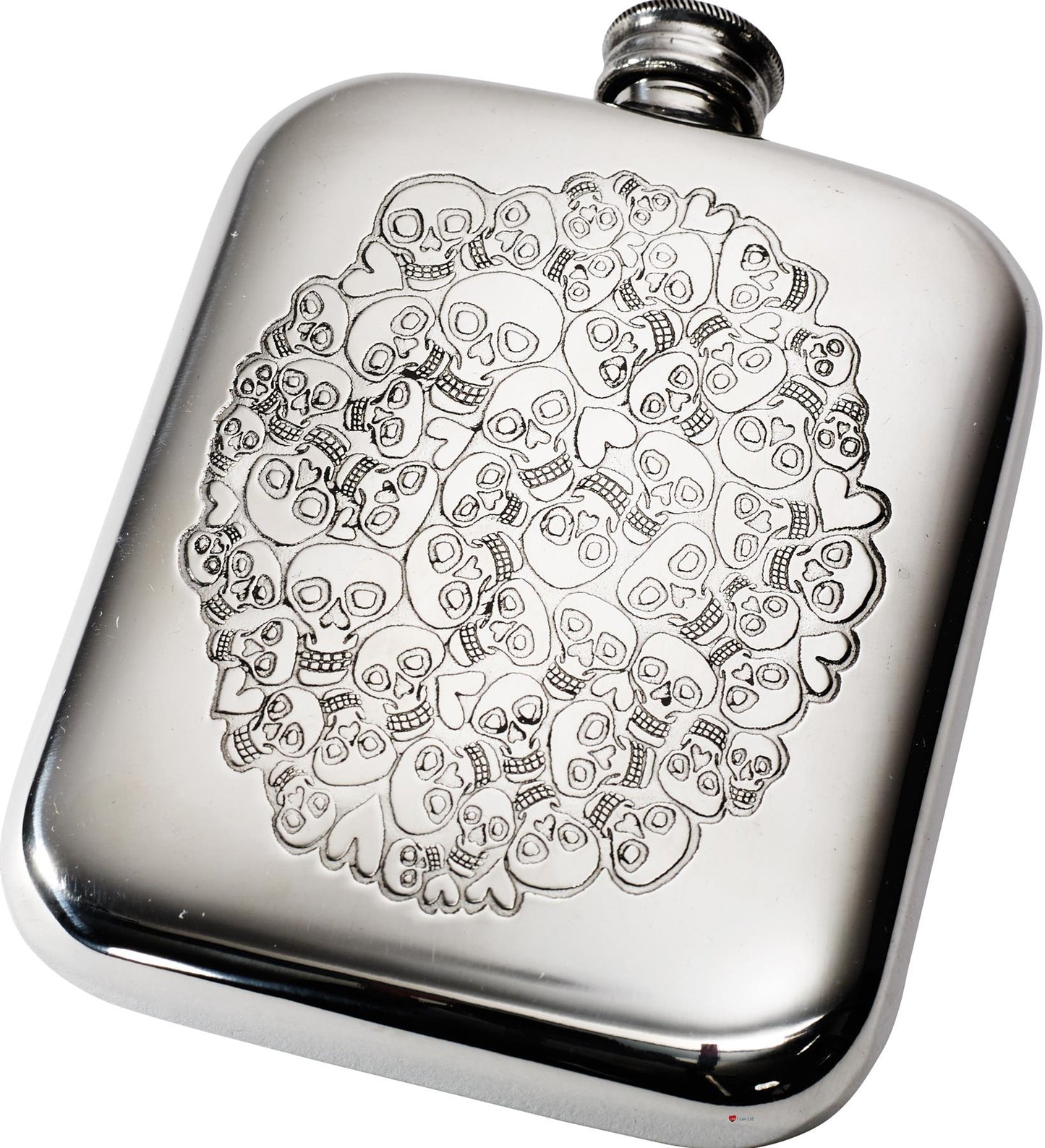 6oz Hip Flask with Skull and Heart Cluster Polished Screw Perfect for Engraving