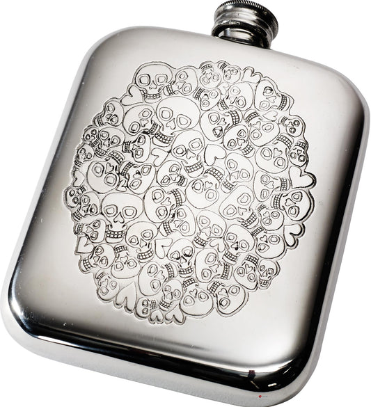 6oz Hip Flask with Skull and Heart Cluster Polished Screw Perfect for Engraving