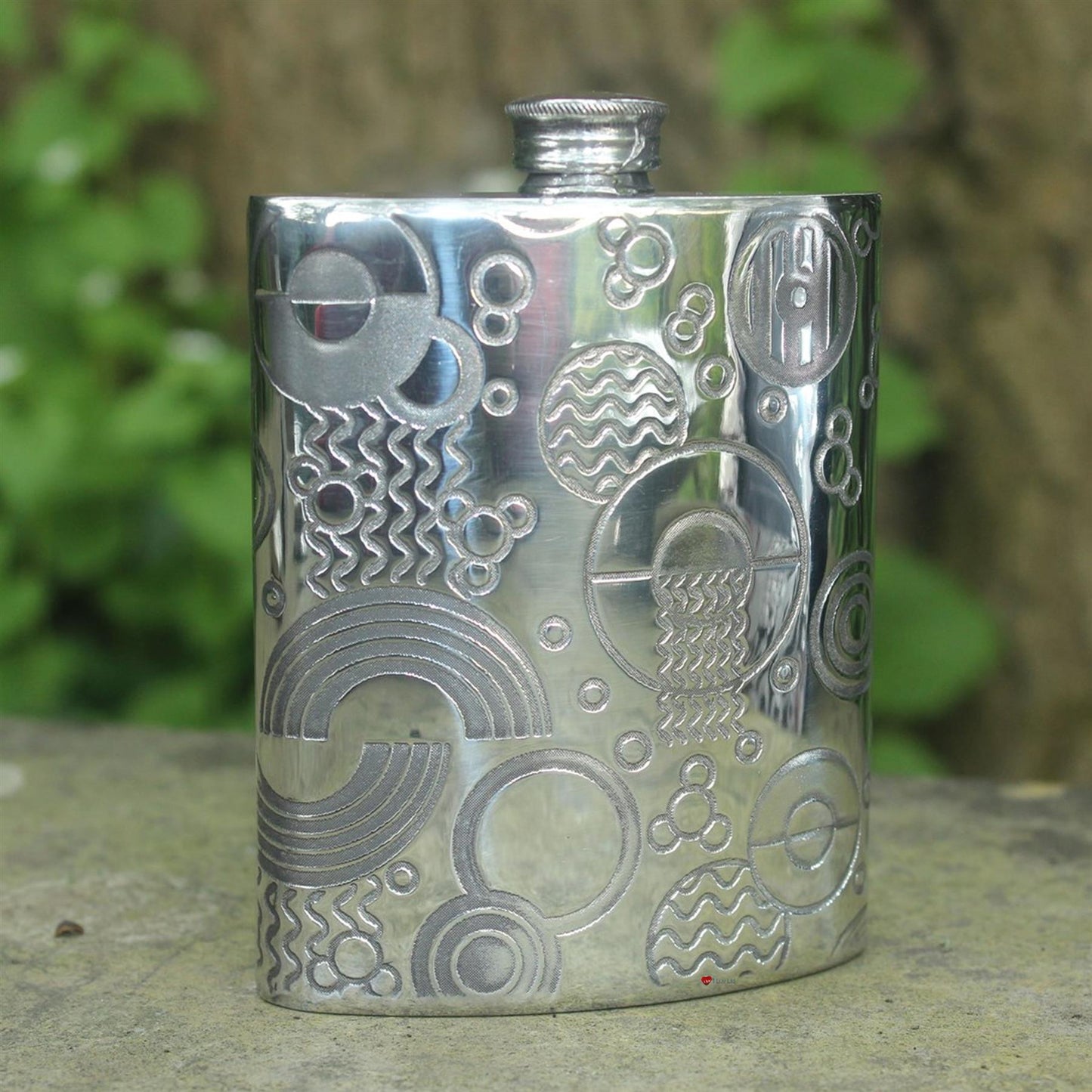 6oz Pewter Hip Flask Retro Design Embossed Bright Polished Finish Screw Top