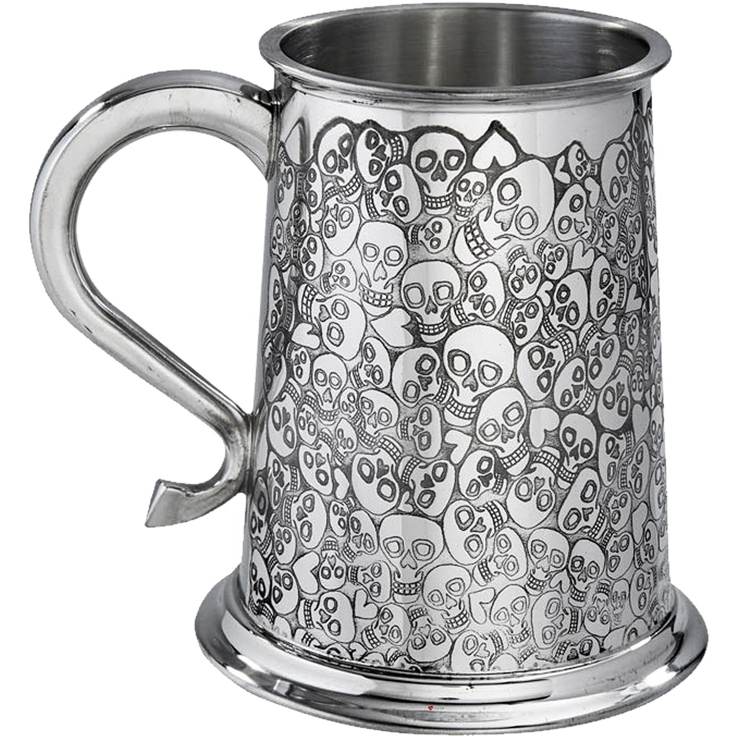 1 Pint Pewter Tankard Skull and Heart Design Swan Handle Perfect for Engraving