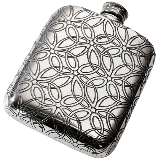 4oz Pewter Hip Flask Embossed Design Triquetra Pattern Polished Screw Top