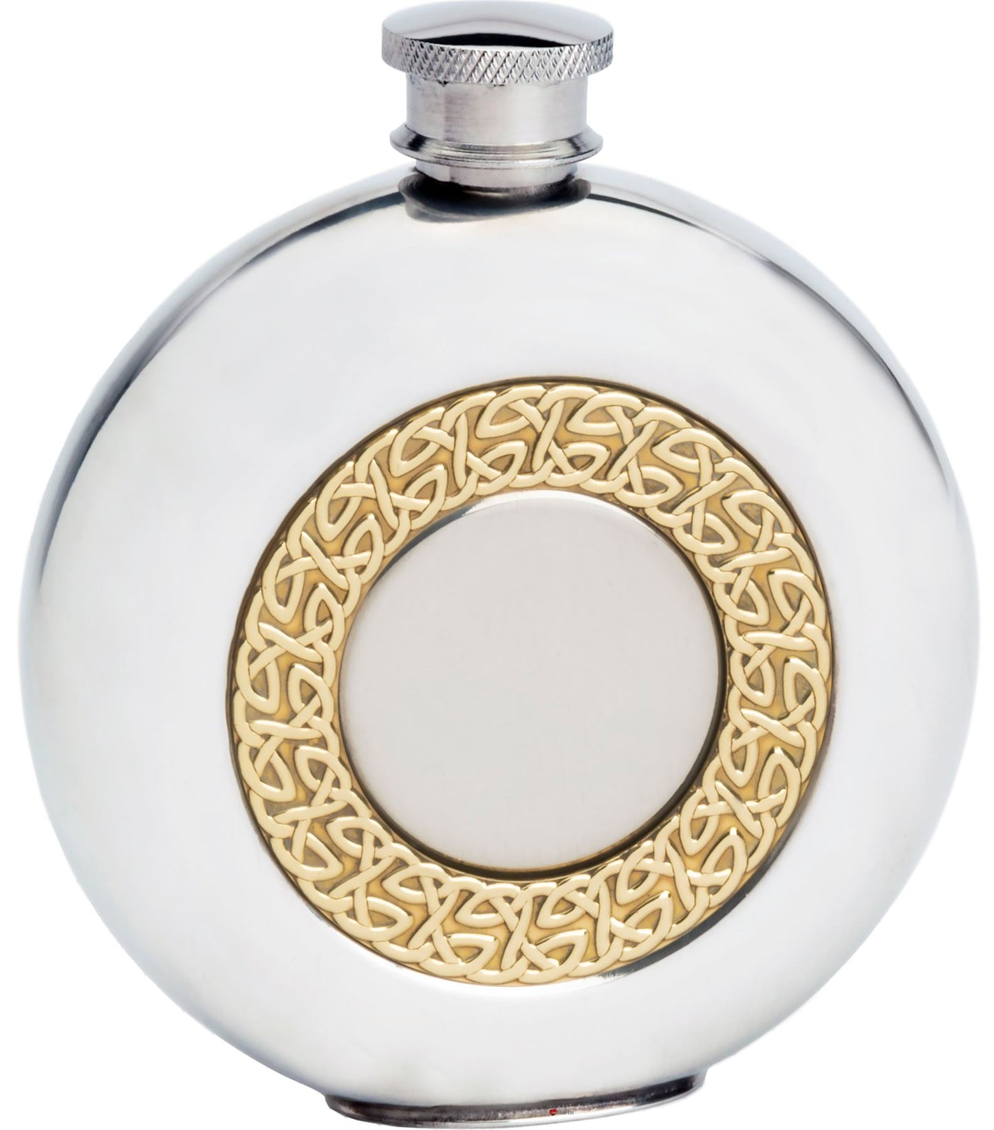 6oz Round Pewter Hip Flask with Brass Celtic Ring Great Gift Made From Pewter