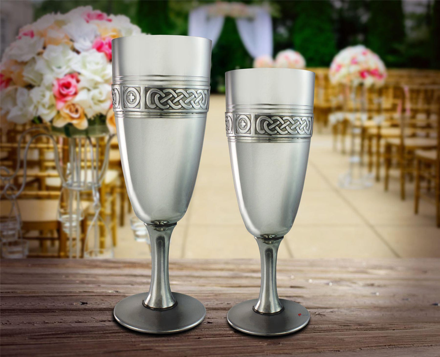 Pewter Celtic Banded Champagne Flute and Wine Goblet 6" 7" Wedding Gift