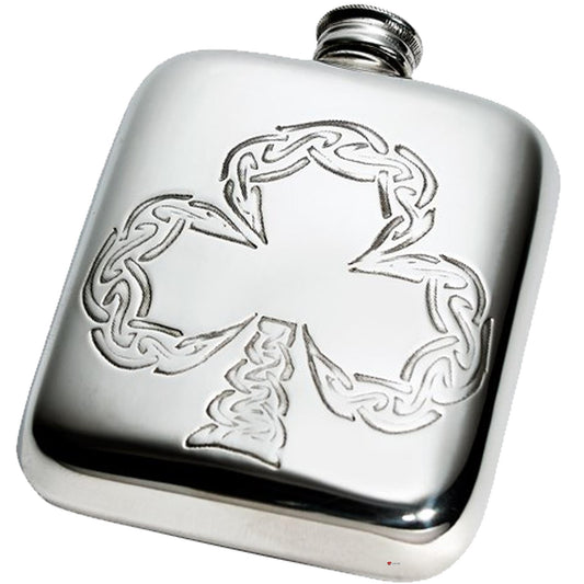 4oz Pewter Flask Large Celtic Shamrock Pattern Embossed Bright Polished Screw