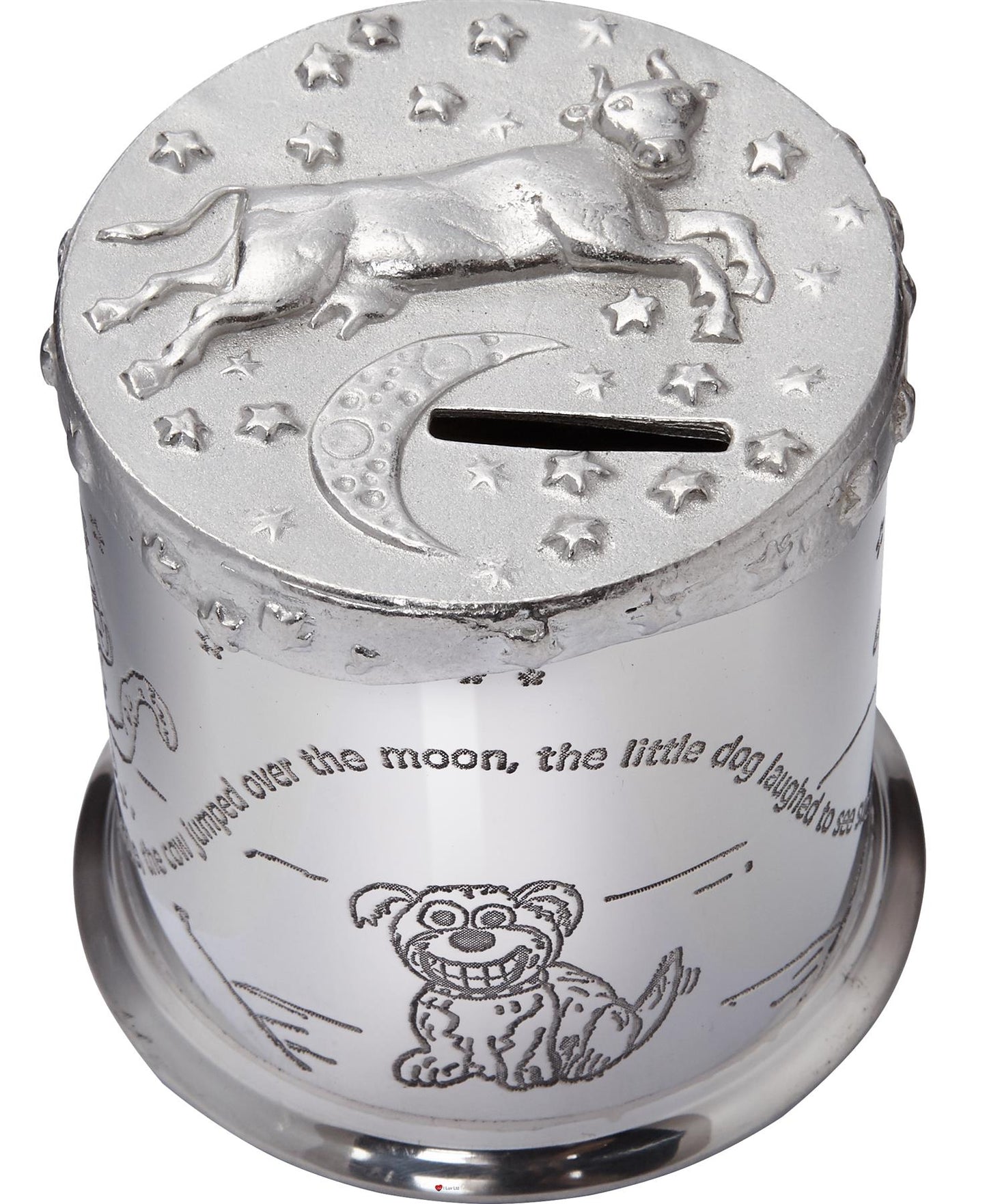 Child's Pewter Money Box Cow over the Moon Poem Embossed Around the Body