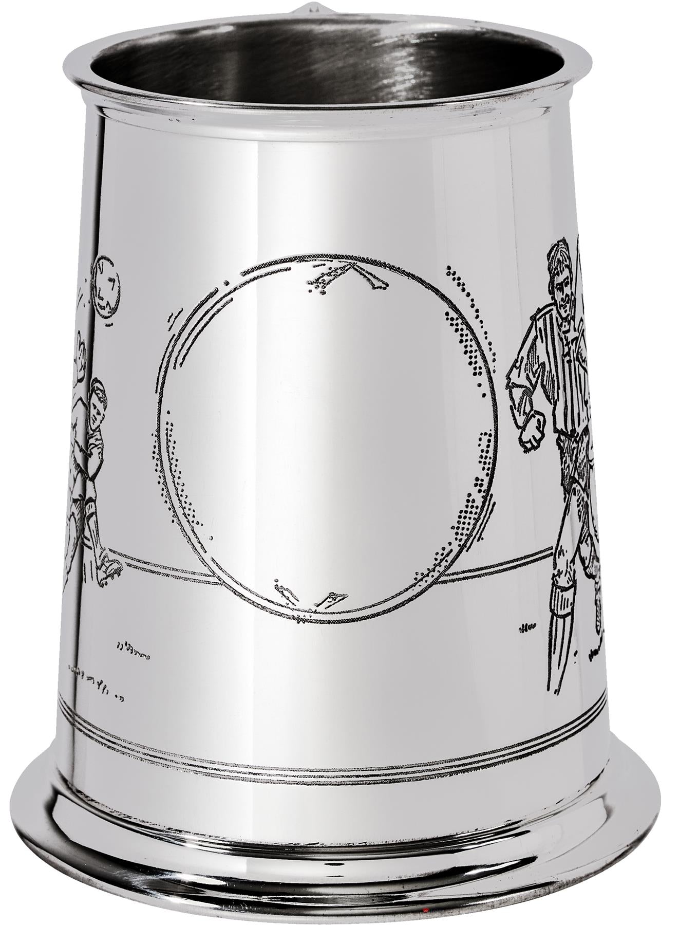 Pewter Tankard 1 Pint with Soccer Scenes on Both Sides and Antique Handle