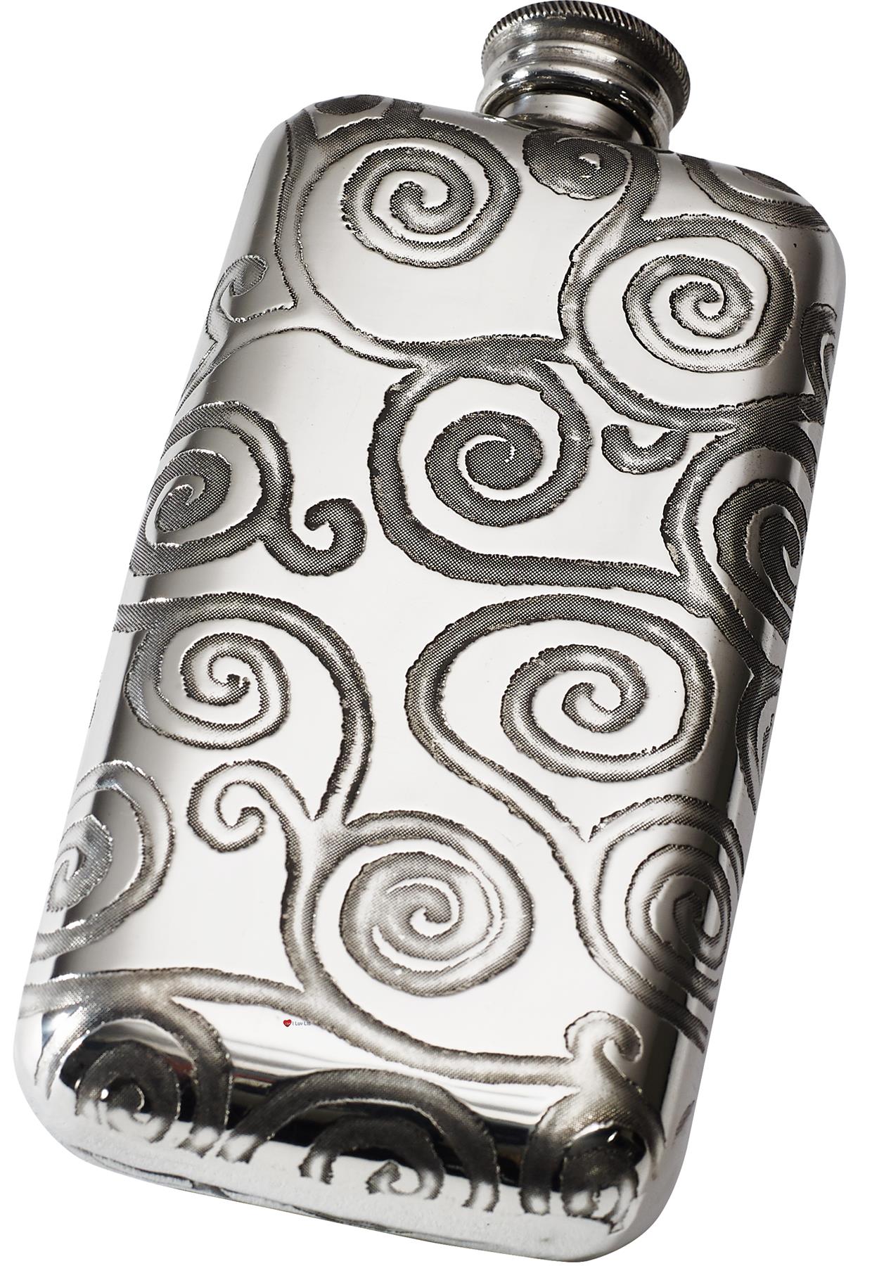 3oz Pocket Hip Flask in Pewter Embossed with Tree of Life Pattern Polished Screw