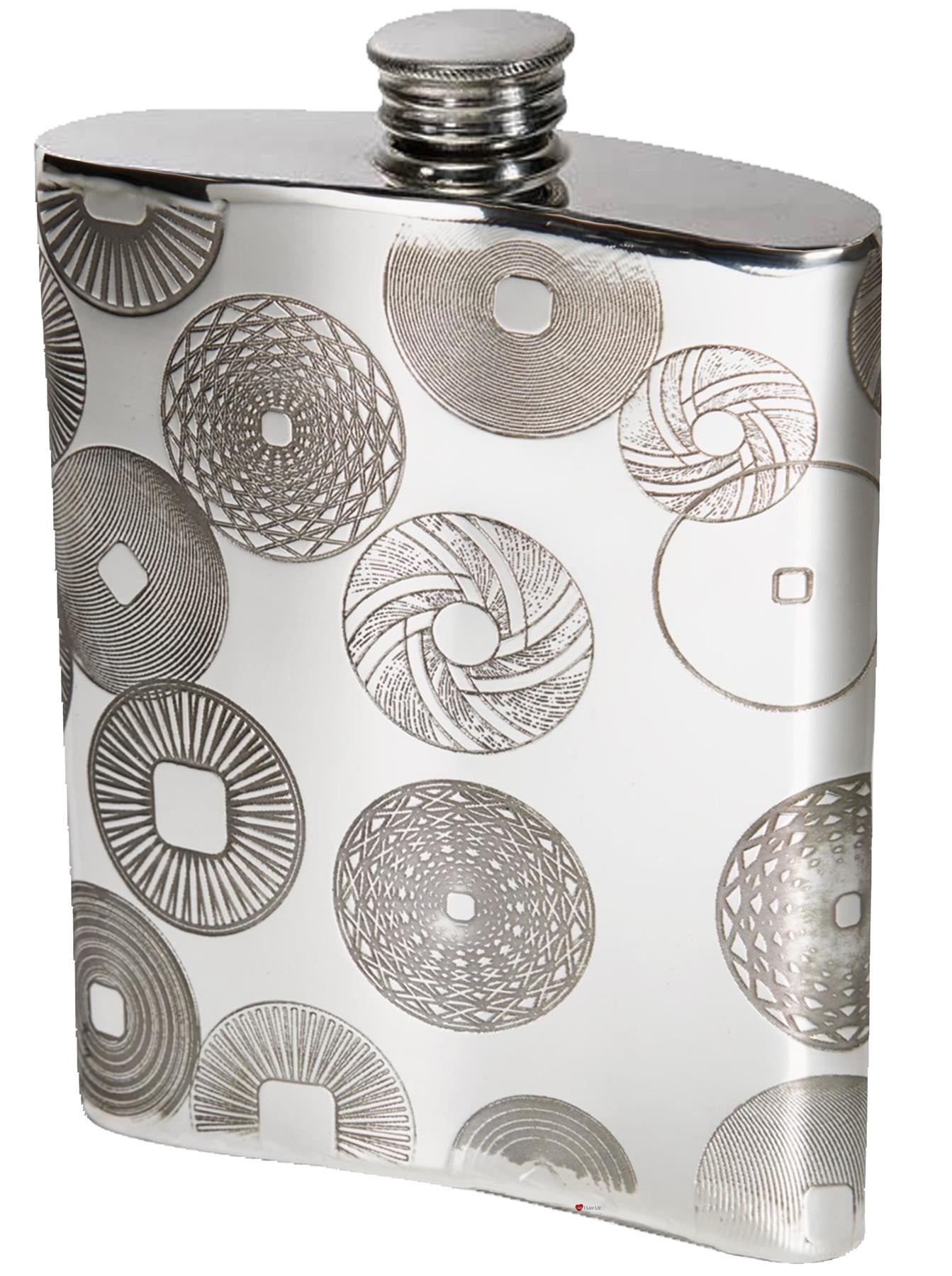 6oz Pewter Hip Flask Contemporary Millstones Design Bright Polished Screw Top