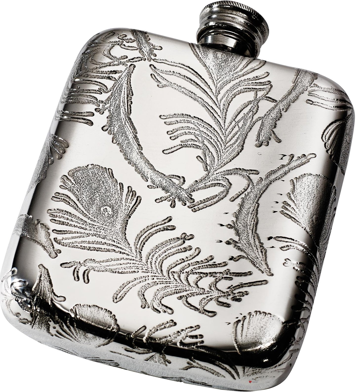 4oz Hip Flask Pewter Peacock Pattern Embossed with Peacock Feather Design