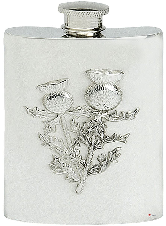 Scottish Thistles Hip Flask 6oz Fine English Pewter Engravable Kidney Shape