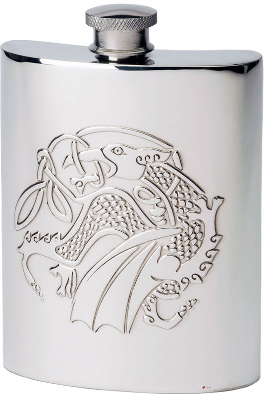 6oz Hip Flask With Embossed kells Dragon Design Great Gift Made From Pewter