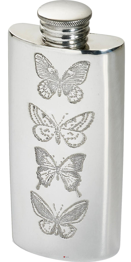 2 oz Slim Compact Pewter Spirit Flask in Butterfly Design Bright Polished Screw