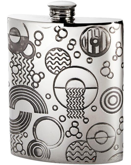 6oz Pewter Hip Flask Retro Design Embossed Bright Polished Finish Screw Top