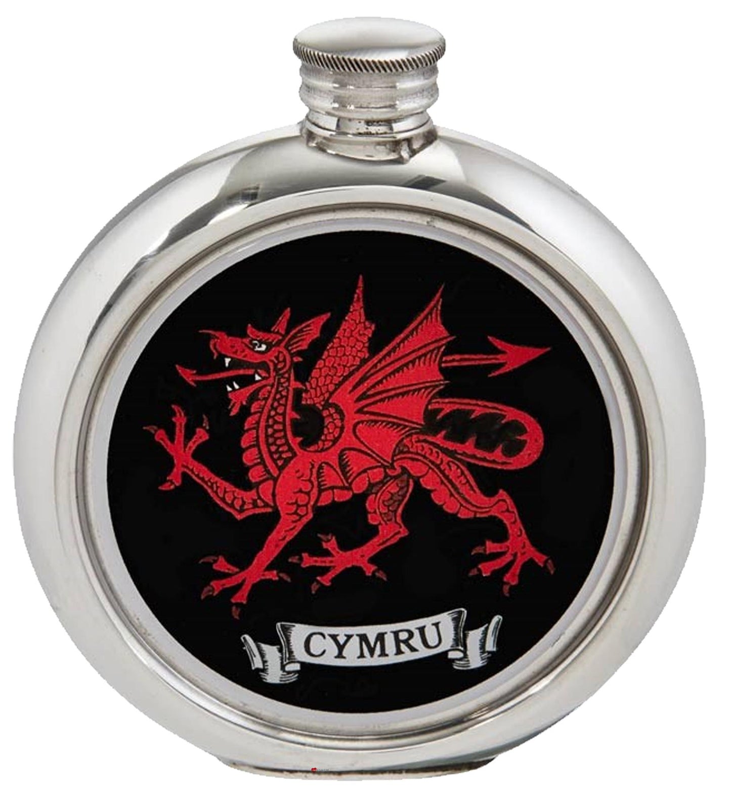 Round Pewter 6oz Flask with Welsh Dragon Polished Screw Perfect for Engraving