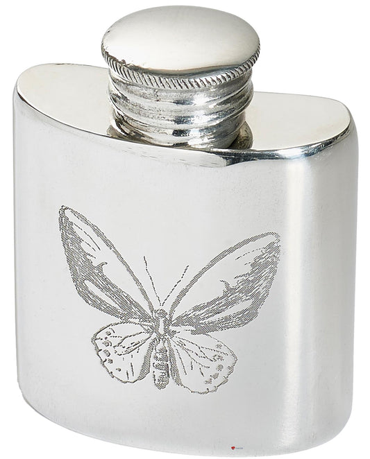 1 oz Slim Pewter Flask in Butterfly Design Polished Screw Perfect for Engraving