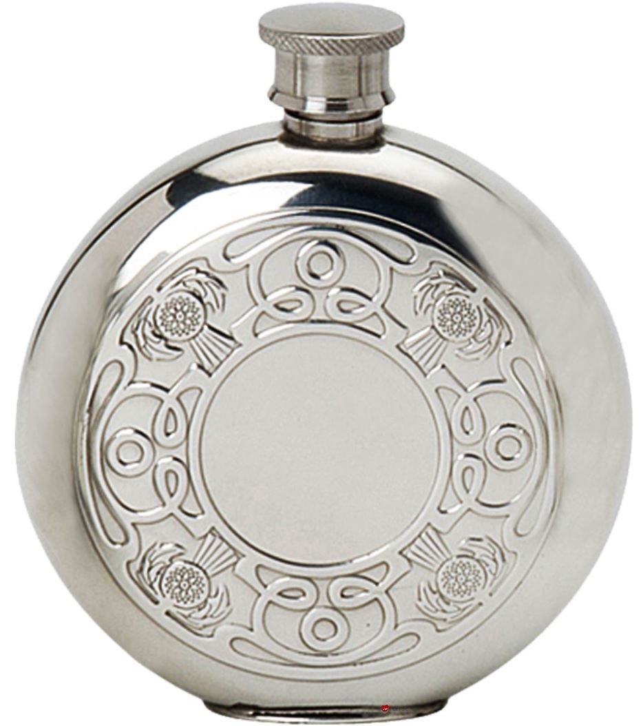 6oz Round Hip Flask With Embossed Celtic Thistle Great Gift Made From Pewter