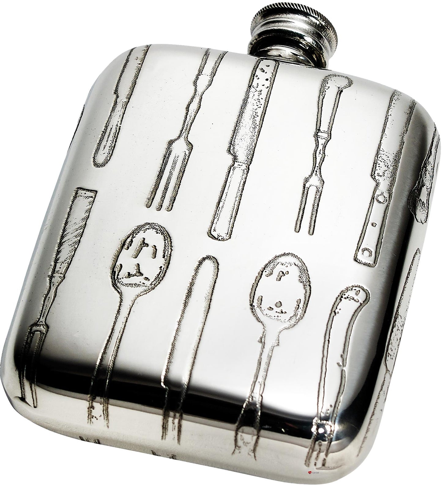 Pocket Hip Flask 4oz in Pewter Embossed with Knife, Fork and Spoon Pattern